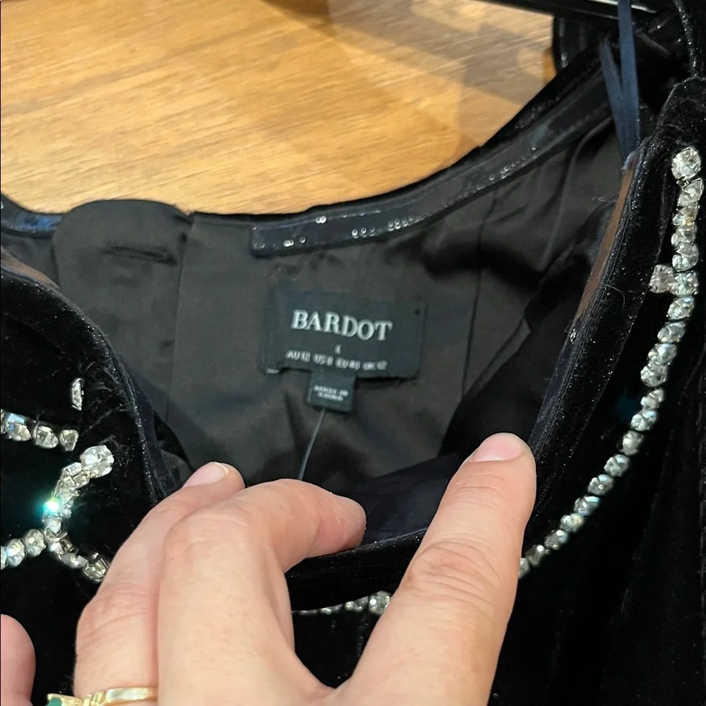 Bardot Black Velvet  Dress with crystal Details - Picture 2 of 11